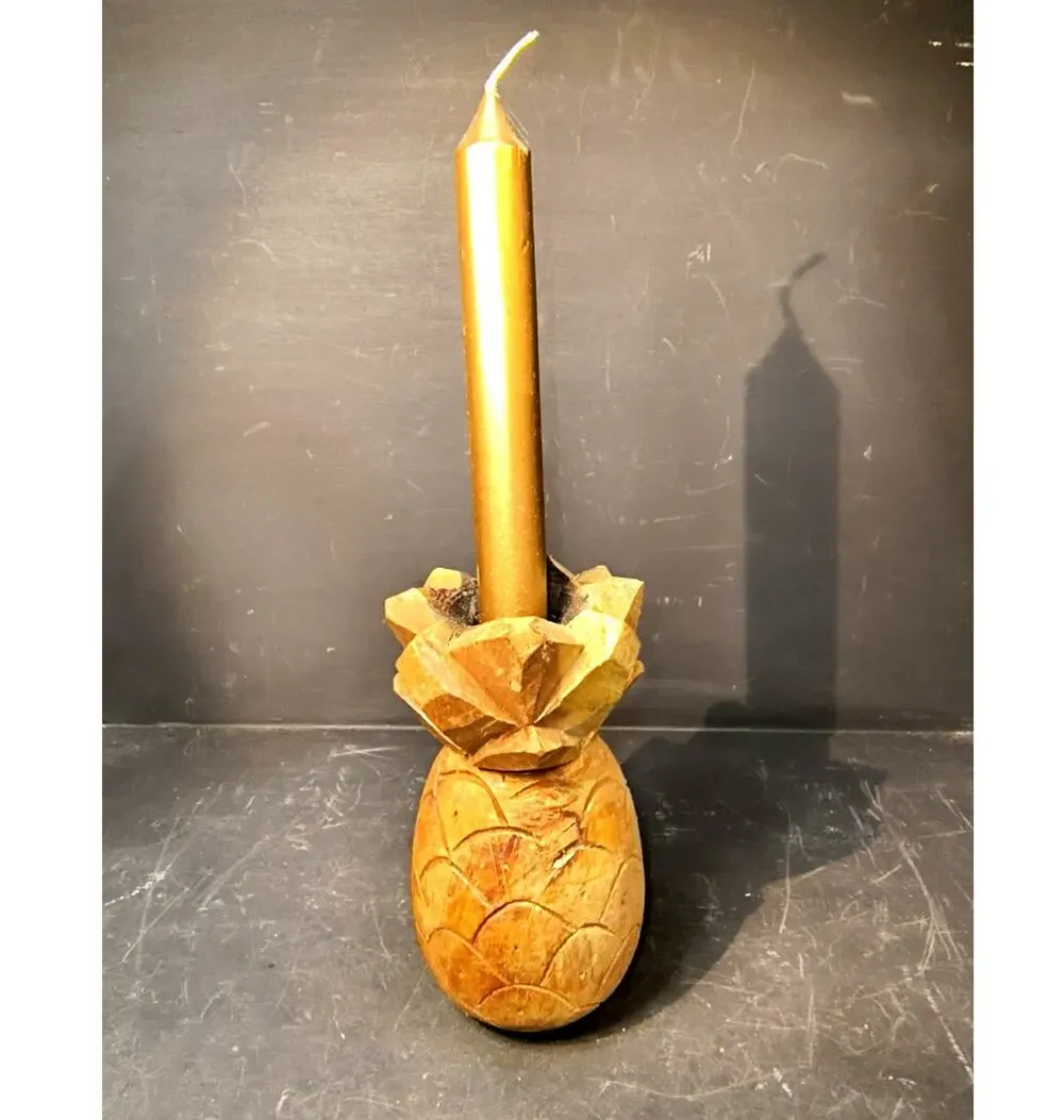 1997.  Vintage Hand Carved Wooden Pineapple Candlestick Holder Faceted Leaf Top